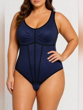 Honeylove 2X Shapewear Bodysuit Blue Black Mesh Compression Tummy Control .